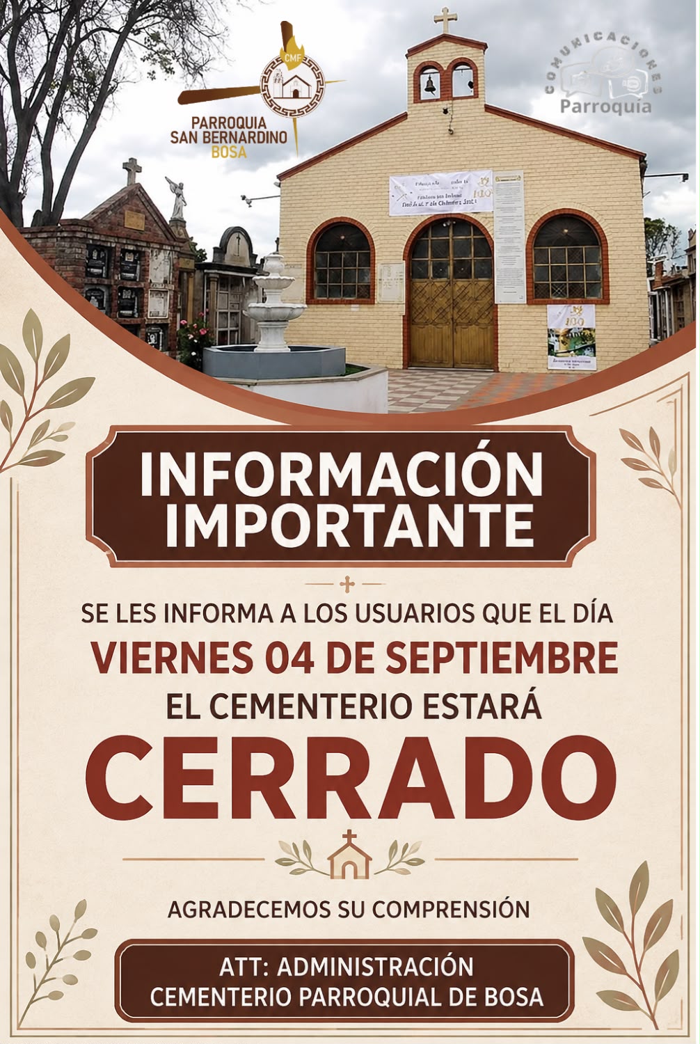 Cierre del cementerio el día viernes 04 de septiembre